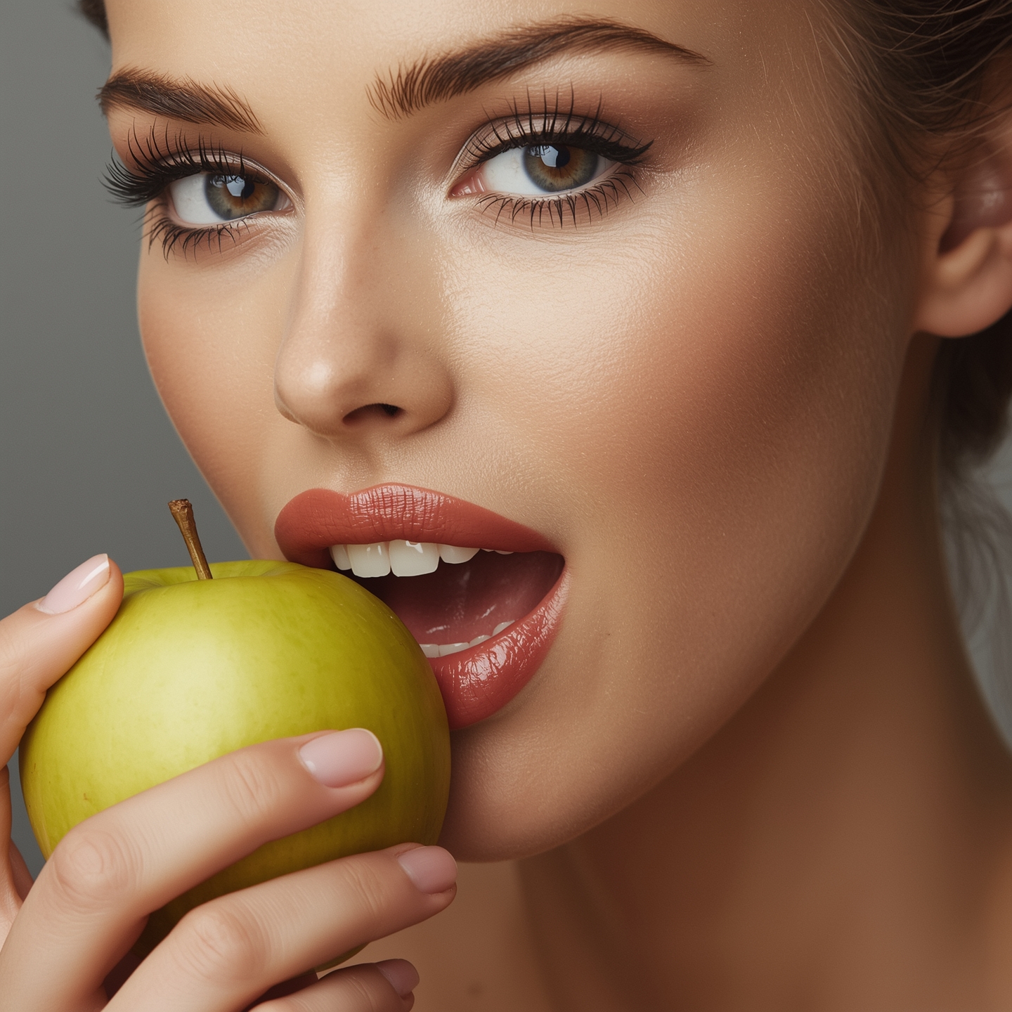žena s dokonalými bielymi zubami hrýzajúca zelené jablko - zdravé zuby